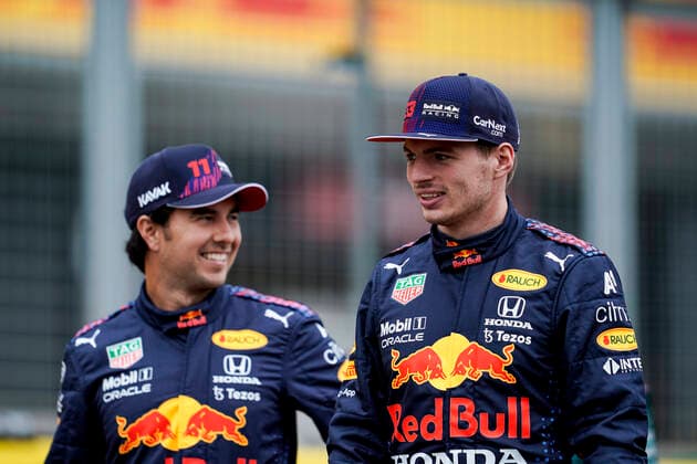 July 15, 2021, Towcester, Great Britain: SERGIO PEREZ of Mexico and Red Bull Racing and MAX VERSTAPPEN of the Netherlands and Red Bull Racing are seen during the presentation of the 2022 Formula 1 car at Silverstone Circuit in Towcester, Great Britain. Towcester Great Britain - ZUMAg147 20210715_zap_g147_049 Copyright: xJamesxGasperottix