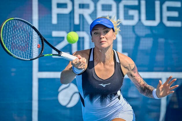 Czech Tereza Martincova in action during the match against Viktoria Kuzmova of Slovakia within the Livesport Prague Open WTA, Tennis Damen women’s tennis tournament in Prague, Czech Republic, on Wednesday, July 15, 2021. (CTKxPhoto VitxSimanek) CTKPhotoP2021071603300  VIS 001