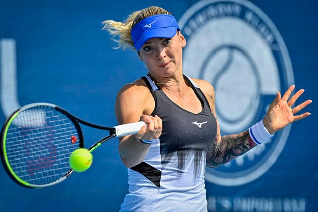 Viktoria Kuzmova of Slovakia in action during the match against Czech Tereza Martincova within the Livesport Prague Open WTA, Tennis Damen women’s tennis tournament in Prague, Czech Republic, on Wednesday, July 15, 2021. (CTKxPhoto VitxSimanek) CTKPhotoP2021071603387  VIS 004