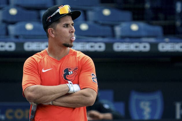 Ramon Urias 29 of the Baltimore Orioles warms up before the game against the Kansas City Royals at Kaufman Stadium in Kansas City, Missouri on Friday, July 16, 2021.  KCP20210716102 KYLExRIVAS