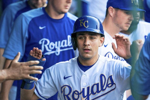 Kansas City Royals second baseman Nicky Lopez (8) celebrates with his team after scoring against the Baltimore Orioles in the third inning at Kaufman Stadium in Kansas City, Missouri on Friday, July 16, 2021.  KCP20210716118 KYLExRIVAS