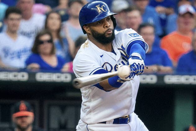 Kansas City Royals first baseman Carlos Santana (41) pops up a Baltimore Orioles pitch in the third inning at Kaufman Stadium in Kansas City, Missouri on Friday, July 16, 2021.  KCP20210716120 KYLExRIVAS