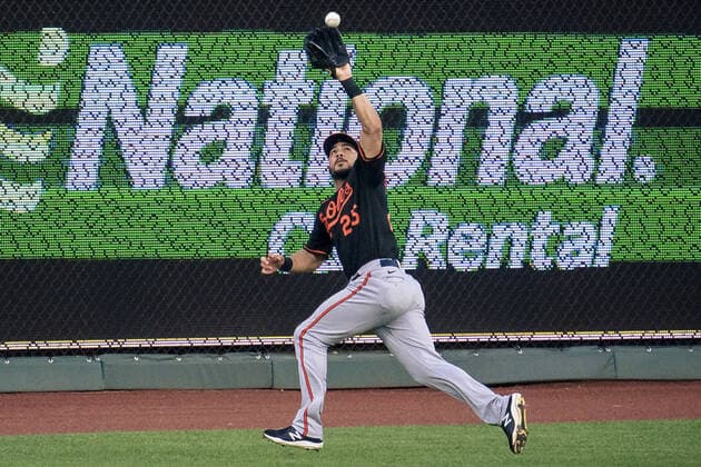 Baltimore Orioles right fielder Anthony Santander (25) catches a Kansas City Royals outfield hit at Kaufman Stadium in Kansas City, Missouri on Friday, July 16, 2021.  KCP20210716123 KYLExRIVAS
