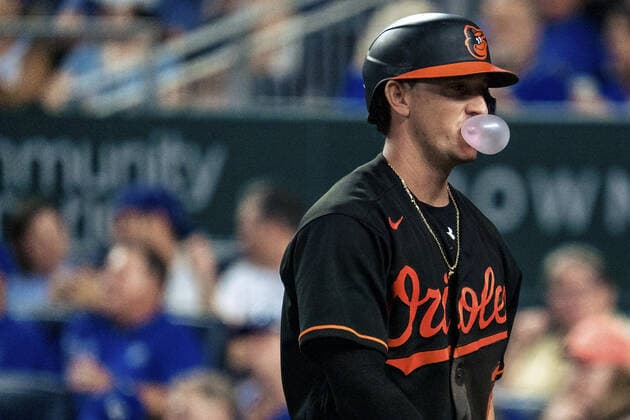 Sport Bilder des Tages Baltimore Orioles right fielder Austin Hays (21) blows a bubble in frustration after striking out against the Kansas City Royals in the sixth inning at Kaufman Stadium in Kansas City, Missouri on Friday, July 16, 2021.  KCP20210716131 KYLExRIVAS