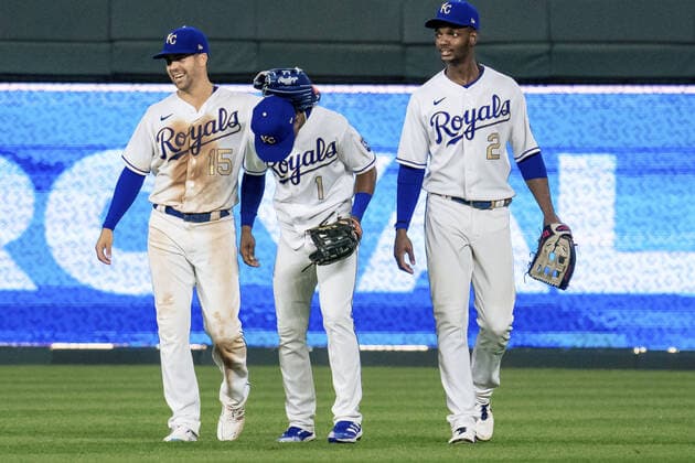 Kansas City Royals right fielder Whit Merrifield (15), center fielder Jarrod Dyson (1) and center fielder Michael A. Taylor (2) celebrates the victory over the Baltimore Orioles at Kaufman Stadium in Kansas City, Missouri on Friday, July 16, 2021.  KCP202107161XX3 KYLExRIVAS