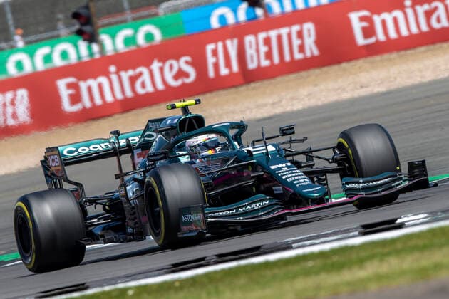 17th July 2021; Silverstone Circuit, Silverstone, Northamptonshire, England; Formula One British Grand Prix, Sprint Race; Aston Martin Cognizant F1 Team driver Sebastian Vettel in his Aston Martin AMR21 Mercedes-AMG F1 M12 during the P2 session  ActionPlus12306535 TimxWilliams