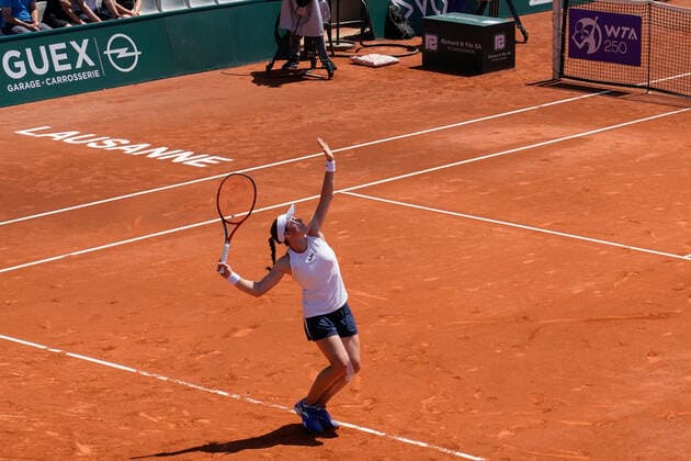 July 18, 2021, Lausanne, Vaud, Switzerland: Lausanne, VD, Switzerland: SloveniaÃ¢â‚¬â ¢s TAMARA ZIDANSEK serves during her singles final match against Clara Burel at the Ladies Open Lausanne. Lausanne Switzerland - ZUMAs230 20210718_znp_s230_003 Copyright: xCorinexScibozx