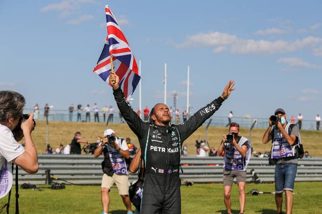 FORMULA 1 BRITISH GRAND PRIX, 18 07 2021 Silverstone Circuit,18 July 2021 Lewis Hamilton (GBR), Mercedes AMG Petronas W12 CELEBRATES WINNING WITH Union Jack FLAG during the FORMULA 1 PIRELLI BRITISH GRAND PRIX RACE at Silverstone, United Kingdom Editorial Use Only Copyright: xPhilxDuncanx ESM-0061-0001