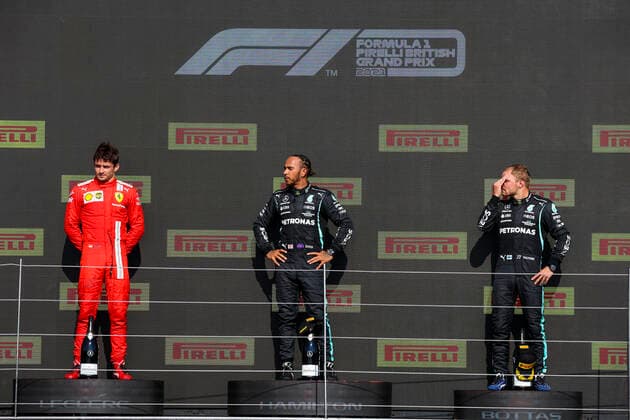 LECLERC Charles (mco), Scuderia Ferrari SF21,HAMILTON Lewis (gbr), Mercedes AMG F1 GP W12 E Performance, BOTTAS Valtteri (fin), Mercedes AMG F1 GP W12 E Performance, portrait, on the podium during the Formula 1 Pirelli British Grand Prix 2021, 10th round of the 2021 FIA Formula One World Championship, WM, Weltmeisterschaft from July 16 to 18, 2021 on the Silverstone Circuit, in Silverstone, United Kingdom - FORMULE 1 : Grand prix de Grande Bretagne - Course - Silverstone - 18 07 2021 DPPI PANORAMIC  AV6_4171