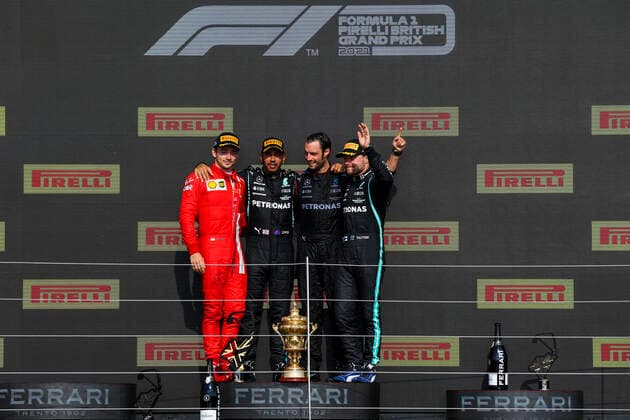 LECLERC Charles (mco), Scuderia Ferrari SF21,HAMILTON Lewis (gbr), Mercedes AMG F1 GP W12 E Performance, BOTTAS Valtteri (fin), Mercedes AMG F1 GP W12 E Performance, portrait, on the podium during the Formula 1 Pirelli British Grand Prix 2021, 10th round of the 2021 FIA Formula One World Championship, WM, Weltmeisterschaft from July 16 to 18, 2021 on the Silverstone Circuit, in Silverstone, United Kingdom - FORMULE 1 : Grand prix de Grande Bretagne - Course - Silverstone - 18 07 2021 DPPI PANORAMIC  AV6_4188