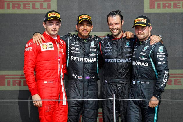 HAMILTON Lewis (gbr), Mercedes AMG F1 GP W12 E Performance, portrait BOTTAS Valtteri (fin), Mercedes AMG F1 GP W12 E Performance, portrait LECLERC Charles (mco), Scuderia Ferrari SF21, portrait podium during the Formula 1 Pirelli British Grand Prix 2021, 10th round of the 2021 FIA Formula One World Championship, WM, Weltmeisterschaft from July 16 to 18, 2021 on the Silverstone Circuit, in Silverstone, United Kingdom - FORMULE 1 : Grand prix de Grande Bretagne - Course - Silverstone - 18 07 2021 DPPI PANORAMIC  00121021__B2_0019