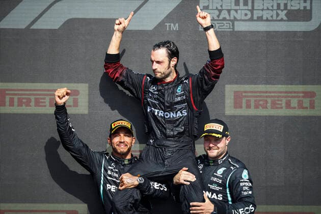 HAMILTON Lewis (gbr), Mercedes AMG F1 GP W12 E Performance, portrait celebrating his victory at the podium with the trophy with BOTTAS Valtteri (fin), Mercedes AMG F1 GP W12 E Performance, portrait during the Formula 1 Pirelli British Grand Prix 2021, 10th round of the 2021 FIA Formula One World Championship, WM, Weltmeisterschaft from July 16 to 18, 2021 on the Silverstone Circuit, in Silverstone, United Kingdom - FORMULE 1 : Grand prix de Grande Bretagne - Course - Silverstone - 18 07 2021 DPPI PANORAMIC 00121021__B2_0012