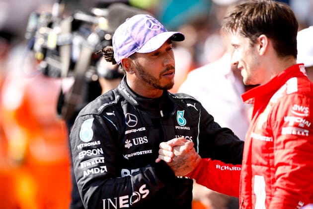 44 Lewis Hamilton (GBR, Mercedes-AMG Petronas F1 Team), 16 Charles Leclerc (MON, Scuderia Ferrari Mission Winnow), F1 Grand Prix of Great Britain at Silverstone Circuit on July 18, 2021 in Silverstone, United Kingdom. (Photo by HOCH ZWEI) Silverstone United Kingdom