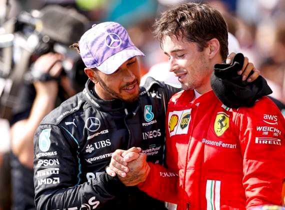 Sport Bilder des Tages 44 Lewis Hamilton (GBR, Mercedes-AMG Petronas F1 Team), 16 Charles Leclerc (MON, Scuderia Ferrari Mission Winnow), F1 Grand Prix of Great Britain at Silverstone Circuit on July 18, 2021 in Silverstone, United Kingdom. (Photo by HOCH ZWEI) Silverstone United Kingdom