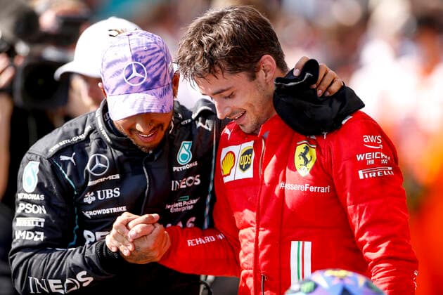 44 Lewis Hamilton (GBR, Mercedes-AMG Petronas F1 Team), 16 Charles Leclerc (MON, Scuderia Ferrari Mission Winnow), F1 Grand Prix of Great Britain at Silverstone Circuit on July 18, 2021 in Silverstone, United Kingdom. (Photo by HOCH ZWEI) Silverstone United Kingdom