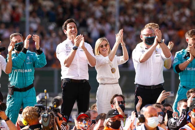 Toto Wolff (AUT, Mercedes-AMG Petronas F1 Team) and his wife Susie Wolff, F1 Grand Prix of Great Britain at Silverstone Circuit on July 18, 2021 in Silverstone, United Kingdom. (Photo by HOCH ZWEI) Silverstone United Kingdom