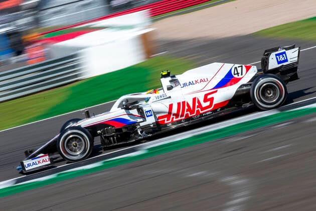 18th July 2021; Silverstone Circuit, Silverstone, Northamptonshire, England; Formula One British Grand Prix, Race Day; Uralkali Haas F1 Team driver Mick Schumacher in his Haas VF-21 Ferrari 065 6 powers through Club corner  ActionPlus12307267 TimxWilliams