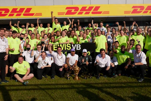 F1 Grand Prix of Great Britain Mercedes-AMG Petronas F1 Team celebrate the race win of 44 Lewis Hamilton (GBR, Mercedes-AMG Petronas F1 Team) and 3rd place of 77 Valtteri Bottas (FIN, Mercedes-AMG Petronas F1 Team), F1 Grand Prix of Great Britain at Silverstone Circuit on July 18, 2021 in Silverstone, United Kingdom. (Photo by Steve Etherington for Mercedes-Benz Grand Prix Ltd. Daimler AG FIA Pool via HOCH ZWEI) Silverstone United Kingdom