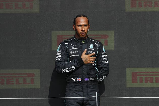 HAMILTON Lewis (gbr), Mercedes AMG F1 GP W12 E Performance, portrait podium during the Formula 1 Pirelli British Grand Prix 2021, 10th round of the 2021 FIA Formula One World Championship, WM, Weltmeisterschaft from July 16 to 18, 2021 on the Silverstone Circuit, in Silverstone, United Kingdom - FORMULE 1 : Grand prix de Grande Bretagne - Course - Silverstone - 18 07 2021 DPPI PANORAMIC  00121021__B2_0341