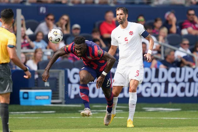 KANSAS CITY, KS - JULY 18: United States forward Daryl Dike (11) battles with Canada defender Steven Vitoria (5) in action during the CONCACAF Gold Cup Group B match between the United States and Canada on July 18, 2021 at Children s Mercy Park in Kansas City, KS. (Photo by Robin Alam Icon Sportswire) SOCCER: JUL 18 Concacaf Gold Cup - USA v Canada Icon164210718008