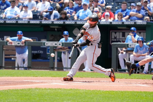 July 18, 2021: Baltimore Orioles Cedric Mullins (31) squares up a pitch in the first inning at Kauffman Stadium in Kansas City, MO. Orioles defeated the Royals 5-0. CSM. Kansas City United States - ZUMAc04_ 20210718_zaf_c04_019 Copyright: xJonxRobichaudx