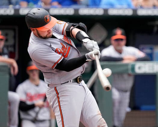 July 18, 2021: Baltimore Orioles catcher Austin Wynns (61) connects for an RBI double in the sixth inning at Kauffman Stadium in Kansas City, MO. Orioles defeated the Royals 5-0. CSM. Kansas City United States - ZUMAc04_ 20210718_zaf_c04_039 Copyright: xJonxRobichaudx