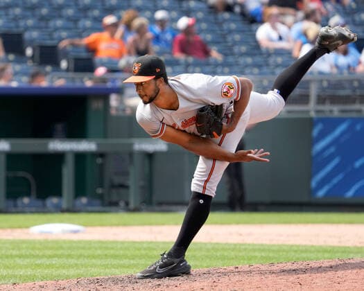 July 18, 2021: Baltimore Orioles relief pitcher Dillon Tate (55) comes in to close the game in the ninth at Kauffman Stadium in Kansas City, MO. Orioles defeated the Royals 5-0. CSM. Kansas City United States - ZUMAc04_ 20210718_zaf_c04_055 Copyright: xJonxRobichaudx