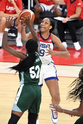 July 18, 2021 - Las Vegas, Nevada, U.S. - USAs Aja Wilson shoots the ball against Nigeria during a pre-Olympic exhibition basketball game July 18, 2021, in Las Vegas. Las Vegas USA - ZUMAbk3_ 20210718_zaf_bk3_014 Copyright: xDavidxBeckerx