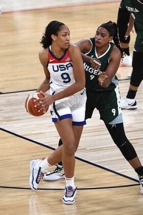 July 18, 2021 - Las Vegas, Nevada, U.S. - USAs Aja Wilson looks to pass against Nigeria during a pre-Olympic exhibition basketball game July 18, 2021, in Las Vegas. Las Vegas USA - ZUMAbk3_ 20210718_zaf_bk3_017 Copyright: xDavidxBeckerx