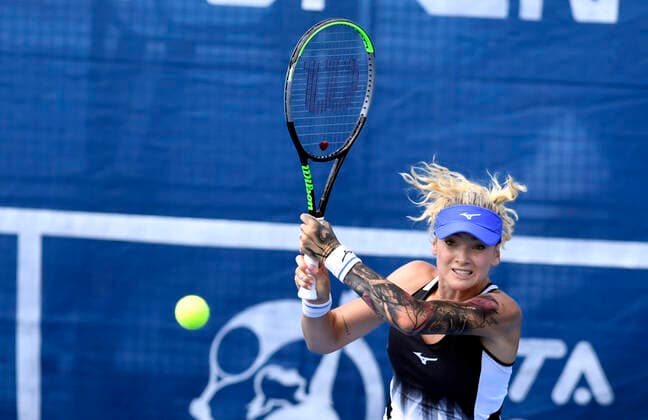 Tereza Martincova (CZE) playes a return in the Livesport Prague Open WTA, Tennis Damen women’s tennis tournament final match against Barbora Krejcikova (CZE) in Prague, Czech Republic, July 18, 2021. (CTKxPhoto MichaelaxRihova) CTKPhotoP2021071803891  mir 17 K