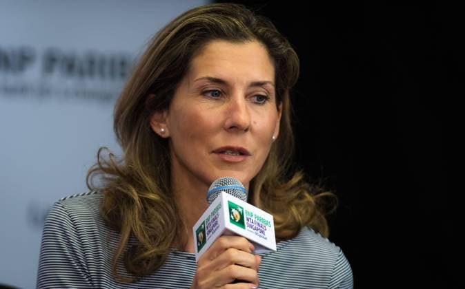 Mandatory Credit: Photo by Rob Prange Shutterstock (9940355br) Monica Seles talks to the media during the WTA, Tennis Damen Legends press conference, PK, Pressekonferenz at the 2018 WTA Finals tennis tournament BNP Paribas WTA Finals, Day 2, Kallang, Singapore - 22 Oct 2018 BNP Paribas WTA Finals, Day 2, Kallang, Singapore - 22 Oct 2018  Copyright: xRobxPrange Shutterstockx 9940355br