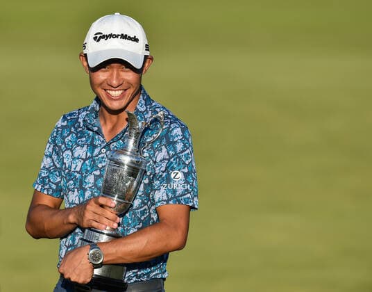 Mandatory Credit: Photo by Greig Cowie Shutterstock (12205761co) Collin Morikawa clutches the Claret Jug after winning the 149th Open Championship at Royal Saint Georges Golf Club The British Open Golf, Day Four, Royal St George s, Kent, UK - 18 Jul 2021 The British Open Golf, Day Four, Royal St George s, Kent, UK - 18 Jul 2021  Copyright: xGreigxCowie Shutterstockx 12205761co