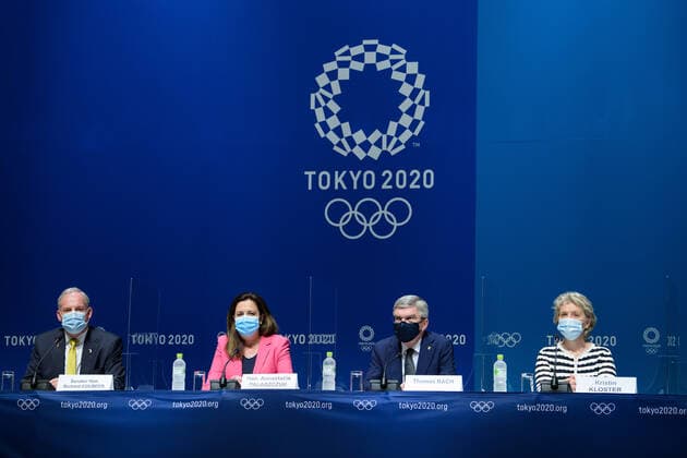210721 Richard Colbeck, Annastacia Palaszczuk, Thomas Bach, president of the International Olympic Committee (IOC), and Kristin Kloster at a press conference, PK, Pressekonferenz during the 138th IOC Session announcing Brisbane as the host of the 2032 Olympic and Paralympic Games, ahead of the Tokyo 2020 Olympic Games, Olympische Spiele, Olympia, OS on July 21, 2021 in Tokyo. Photo: Joel Marklund BILDBYRAN kod JM JM0163 bbeng olympic games olympics os ol olympiska spel olympiske leker tokyo2020 tokyo 2020 tokyo-os tokyo-ol presskonferens IOC Brisbane International Olympic Committee IOK Copyright: JOELxMARKLUND BB210721JM034