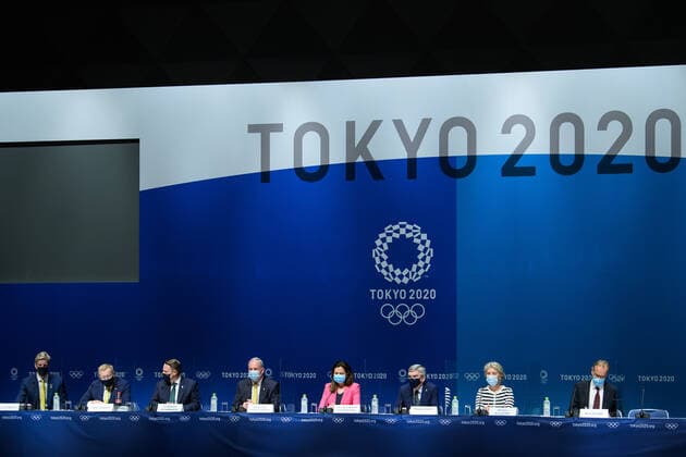 210721 James Tomkins, John Coates, Adrian Schrinner, Richard Colbeck, Annastacia Palaszczuk, Thomas Bach, president of the International Olympic Committee (IOC), Kristin Kloster and Mark Adams at a press conference, PK, Pressekonferenz during the 138th IOC Session announcing Brisbane as the host of the 2032 Olympic and Paralympic Games, ahead of the Tokyo 2020 Olympic Games, Olympische Spiele, Olympia, OS on July 21, 2021 in Tokyo. Photo: Joel Marklund BILDBYRAN kod JM JM0163 bbeng olympic games olympics os ol olympiska spel olympiske leker tokyo2020 tokyo 2020 tokyo-os tokyo-ol presskonferens IOC Brisbane International Olympic Committee IOK Copyright: JOELxMARKLUND BB210721JM037