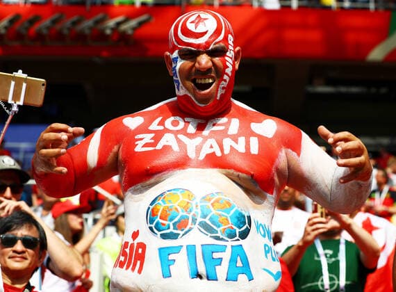 Mandatory Credit: Photo by Kieran Mcmanus BPI Shutterstock (9725278ba) A Tunisia fan covered in body paint Belgium v Tunisia, Group G, 2018 FIFA World Cup, WM, Weltmeisterschaft, Fussball football match, Spartak Stadium, Moscow, Russia - 23 Jun 2018 Belgium v Tunisia, Group G, 2018 FIFA World Cup football match, Spartak Stadium, Moscow, Russia - 23 Jun 2018  Copyright: xKieranxMcmanus BPI Shutterstockx 9725278ba