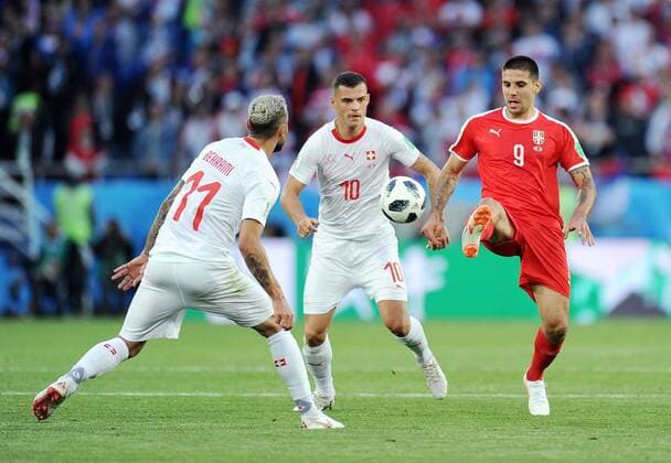 Mandatory Credit: Photo by Norbert Barczyk Pressfocus Shutterstock (9725017k) Granit Xhaka of Switzerland Aleksandar Mitrovic of Serbia Serbia v Switzerland, Group E, 2018 FIFA World Cup, WM, Weltmeisterschaft, Fussball football match, Kaliningrad Stadium, Russia - 22 Jun 2018 Serbia v Switzerland, Group E, 2018 FIFA World Cup football match, Kaliningrad Stadium, Russia - 22 Jun 2018  Copyright: xNorbertxBarczyk Pressfocus Shutterstockx 9725017k