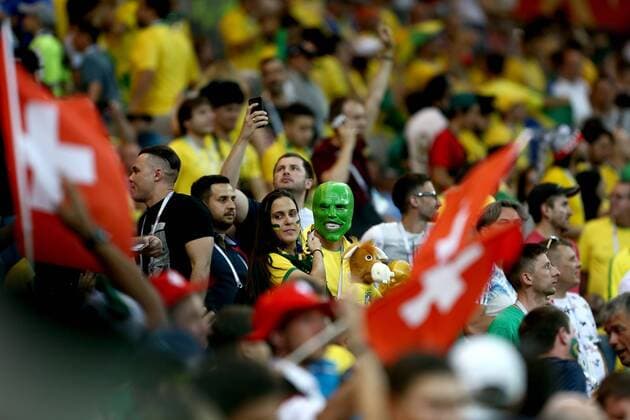 Mandatory Credit: Photo by Michael Zemanek BPI Shutterstock (9718733jl) The Mask from the Mask makes an appearance amongst the colourful Brazil fans Brazil v Switzerland, Group E, 2018 FIFA World Cup, WM, Weltmeisterschaft, Fussball football match, Rostov Arena, Rostov-on-Don, Russia - 17 Jun 2018 Brazil v Switzerland, Group E, 2018 FIFA World Cup football match, Rostov Arena, Rostov-on-Don, Russia - 17 Jun 2018  Copyright: xMichaelxZemanek BPI Shutterstockx 9718733jl