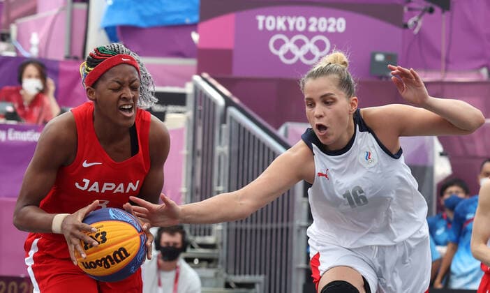 TOKYO, JAPAN - JULY 24, 2021: ROC Team s Evgeniia Frolkina (R) and Japan s Stephanie Mawuli are in action in their women s 3x3 basketball pool round match at Aomi Urban Sports Park. Stanislav Krasilnikov TASS  TS109195