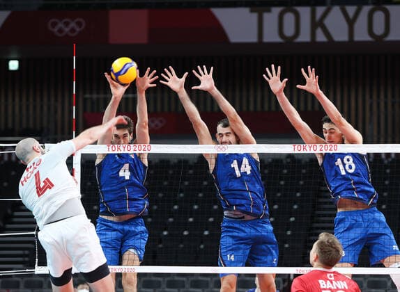 (210724) -- DONGJING, July 24, 2021 -- (From L to R) Luca Vettori, Gianluca Galassi and Alessandro Michieletto of Italy block the ball during the men s volleyball preliminary round match between Italy and Canada at Tokyo 2020 Olympic Games, Olympische Spiele, Olympia, OS in Tokyo, July 24, 2021. ) (TOKYO2020)JAPAN-TOKYO-OLY-MEN-VOLLEYBALL DingxTing 