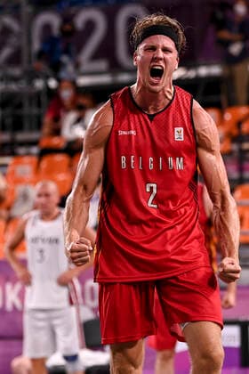 Belgian basket 3x3 player Thibaut Vervoort celebrates after scoring during a 3x3 basketball game between Belgium and Latvia, in the men s pool round on the second day of the Tokyo 2020 Olympic Games, Olympische Spiele, Olympia, OS in Tokyo, Japan on Saturday 24 July 2021. The postponed 2020 Summer Olympics are taking place from 23 July to 8 August 2021. DIRKxWAEM  x3044582x
