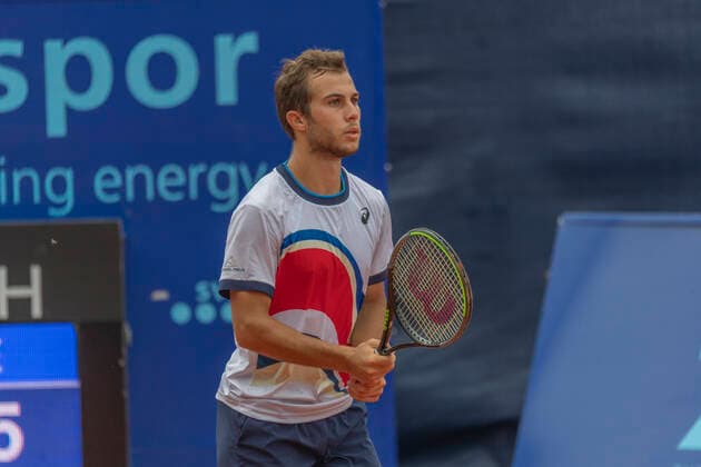 Switzerland: Semi-final of the Gstaad Swiss Open ATP, Tennis Herren Tour 250 Series tournament Gstaad Switzerland, 07 24 2021: Hugo Gaston of France is in action during the Gstaad Swiss Open ATP Tour 250 Series 2021 tournament final Gstaad Roy Emerson Arena Switzerland Canton of Bern Copyright: EricxDubost