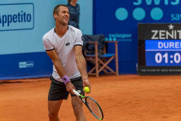 Switzerland: Semi-final of the Gstaad Swiss Open ATP, Tennis Herren Tour 250 Series tournament Gstaad Switzerland, 07 24 2021: Laslo Djere of Serbia is in action during the Gstaad Swiss Open ATP Tour 250 Series 2021 tournament final Gstaad Roy Emerson Arena Switzerland Canton of Bern Copyright: EricxDubost