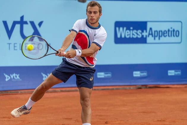 Switzerland: Semi-final of the Gstaad Swiss Open ATP, Tennis Herren Tour 250 Series tournament Gstaad Switzerland, 07 24 2021: Hugo Gaston of France is in action during the Gstaad Swiss Open ATP Tour 250 Series 2021 tournament final Gstaad Roy Emerson Arena Switzerland Canton of Bern Copyright: EricxDubost