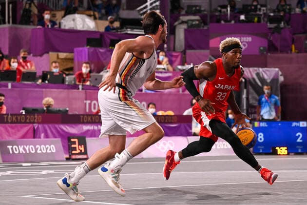 Belgian Rafael Bogaerts, and Japanese Ira Brown fight for the ball during a 3x3 basketball game between Belgium and Japan, in the men s pool round on the second day of the Tokyo 2020 Olympic Games, Olympische Spiele, Olympia, OS in Tokyo, Japan on Saturday 24 July 2021. The postponed 2020 Summer Olympics are taking place from 23 July to 8 August 2021. DIRKxWAEM  x3044734x
