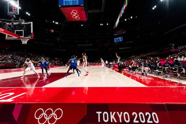 210725 General view in the basketball game between France and USA during day 2 of the Tokyo 2020 Olympic Games, Olympische Spiele, Olympia, OS on July 25, 2021 in Tokyo. Photo: Jon Olav Nesvold BILDBYRAN COP 217 JE0005 basket basketball olympic games olympics os ol olympiska spel olympiske leker tokyo2020 tokyo 2020 tokyo-os tokyo-ol bbeng frankrike frankriket france usa united states Copyright: JONxOLAVxNESVOLD BB210725JE038
