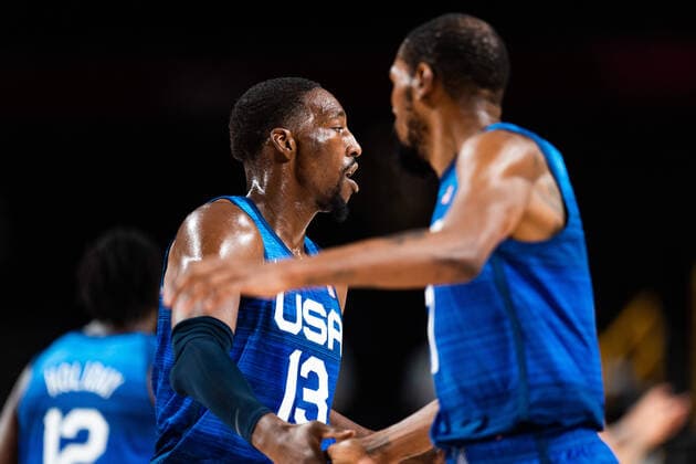 210725 Edrice Femi Adebayo of USA celebrates in the basketball game between France and USA during day 2 of the Tokyo 2020 Olympic Games, Olympische Spiele, Olympia, OS on July 25, 2021 in Tokyo. Photo: Jon Olav Nesvold BILDBYRAN COP 217 JE0005 basket basketball olympic games olympics os ol olympiska spel olympiske leker tokyo2020 tokyo 2020 tokyo-os tokyo-ol bbeng frankrike frankriket france usa united states jubel Copyright: JONxOLAVxNESVOLD BB210725JE039