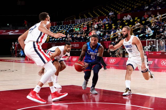 TOKYO, JAPAN - JULY 25: Damian Lillard of Team United States with the ball during the Men s Basketball Preliminary Round Group A - Match 4 between France and USA on Day 2 of the Tokyo 2020 Olympic Games, Olympische Spiele, Olympia, OS at Saitama Super Arena on July 25, 2021 in Tokyo, Japan. (Photo by Pete Dovgan Speed Media Icon Sportswire) OLYMPICS: JUL 25 Olympics Tokyo 2020 Icon2107250212