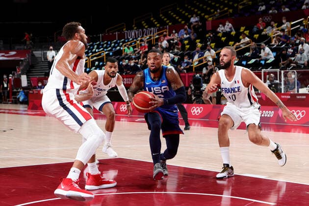 TOKYO, JAPAN - JULY 25: Damian Lillard of Team United States with the ball during the Men s Basketball Preliminary Round Group A - Match 4 between France and USA on Day 2 of the Tokyo 2020 Olympic Games, Olympische Spiele, Olympia, OS at Saitama Super Arena on July 25, 2021 in Tokyo, Japan. (Photo by Pete Dovgan Speed Media Icon Sportswire) OLYMPICS: JUL 25 Olympics Tokyo 2020 Icon2107250213