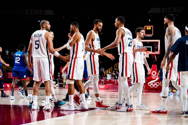 210725 Nicolas Batum, Timothe Luwawu Kongbo, Vincent Poirier and Petr Cornelie of France after the basketball game between France and USA during day 2 of the Tokyo 2020 Olympic Games, Olympische Spiele, Olympia, OS on July 25, 2021 in Tokyo. Photo: Jon Olav Nesvold BILDBYRAN COP 217 JE0005 basket basketball olympic games olympics os ol olympiska spel olympiske leker tokyo2020 tokyo 2020 tokyo-os tokyo-ol bbeng frankrike frankriket france usa united states Copyright: JONxOLAVxNESVOLD BB210725JE049