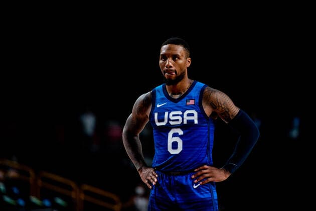 210725 Damian Lillard of USA competes in the basketball game between France and USA during day 2 of the Tokyo 2020 Olympic Games, Olympische Spiele, Olympia, OS on July 25, 2021 in Tokyo. Photo: Jon Olav Nesvold BILDBYRAN COP 217 JE0005 basket basketball olympic games olympics os ol olympiska spel olympiske leker tokyo2020 tokyo 2020 tokyo-os tokyo-ol bbeng frankrike frankriket france usa united states Copyright: JONxOLAVxNESVOLD BB210725JE052